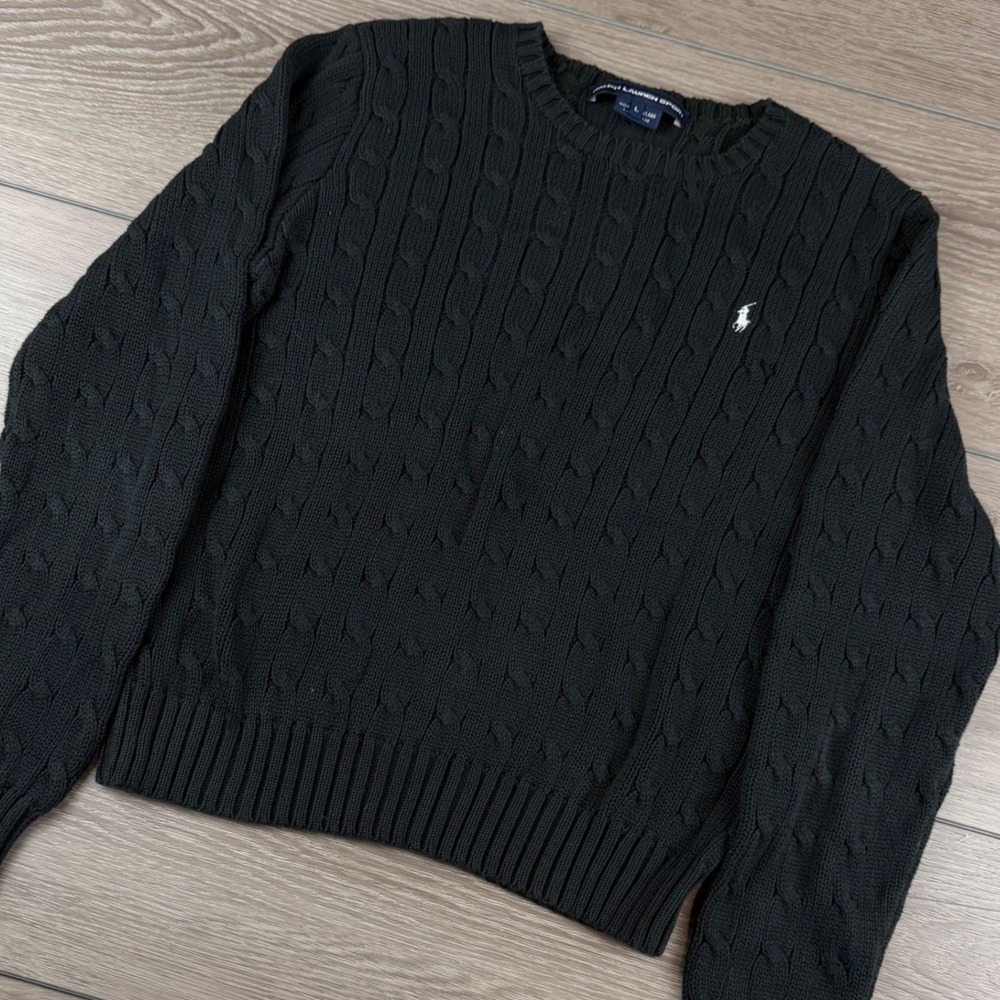 Ralph Lauren Sport Womens Cable Knit Sweater Pony Logo Black Large